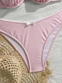 Swim Mod 2pcs Light Pink Shiny Nylon Fabric Underwire Push-Up Strap Bikini Set, Swimsuit For Women With White Floral Trim Decor, Suitable For Island, Beach Resort, Sweet & Refreshing Casual Style, Summer - Baby Pink - View 3