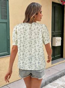 SHEIN Frenchy Women's Vacation Floral Print Contrast Lace Short Sleeve Blouse Summer - Mauve Purple - View 2