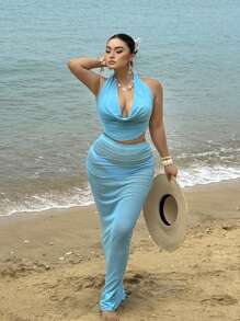 Flirla 加大码深垂领透明两件套吊带泳衣，搭配纯色纱笼裙