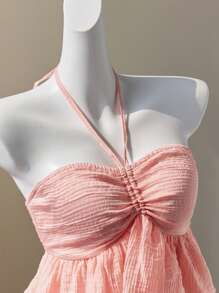 Elamini 粉色甜美海滩度假风格褶皱抹胸领口荷叶边下摆上衣，适合春夏季 - 粉色 - 查看 5