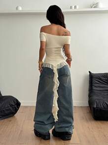 Coolane Camisetas de mujer de verano con volantes asimétricos y hombros descubiertos, de estilo casual, de vacaciones y de conciertos, con estiramiento tipo mantequilla, en estilo Y2K - Albaricoque - Ver 2