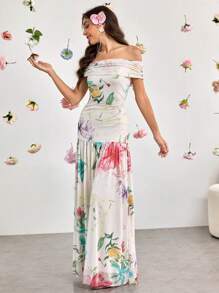 Modelyn 女式长款露肩浪漫花卉印花褶饰网眼优雅迷人度假连衣裙，春夏 - 彩色 - 查看 6