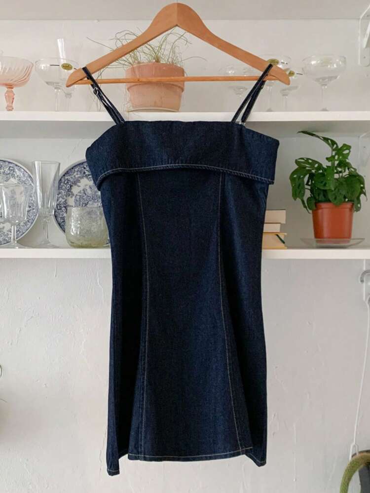 Dark Washed Denim Mini A-Line Slip Dress, Spring/Summer