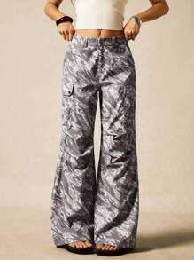 Easelle Pantalones rectos holgados con bolsillos de cargo y pliegues, pantalones de moda de camuflaje para mujer - Multicolor - Ver 4