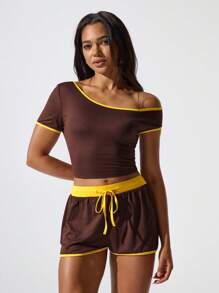 Hanevo 2pcs/Set Summer Knitted Contrast Color Asymmetrical Neck Top And Shorts Fashion Set Sportwear For Daily Wear - Coffee Brown - View 3