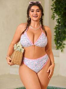 Swim Mod Plus Size Women's Sexy Printed High Waist Halter Neck 2 Pieces Bikini Set Set For Beach & Pool