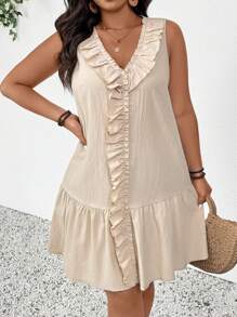 SHEIN Frenchy Plus Size V Neck Sleeveless Ruffle Hem Apricot Color Dress, Fashionable Casual Outfit For Big Size Women,Summer Outfits For Women - Apricot - View 3