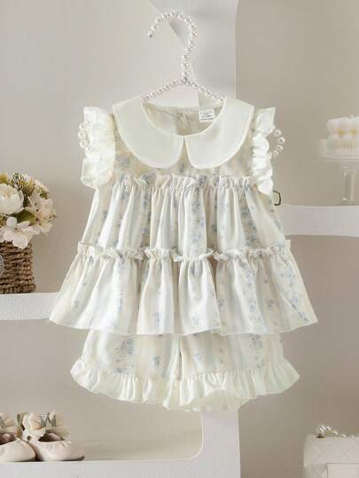 Elladie kids 女婴优雅可爱刺绣彼得潘领荷叶边下摆背心和短裤套装，适合日常外出、度假、公园玩耍、夏季