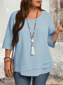 EMERY ROSE Camisas de campo azul claro con bajo asimétrico talla grande ropa de otoño - Celeste - Ver 1