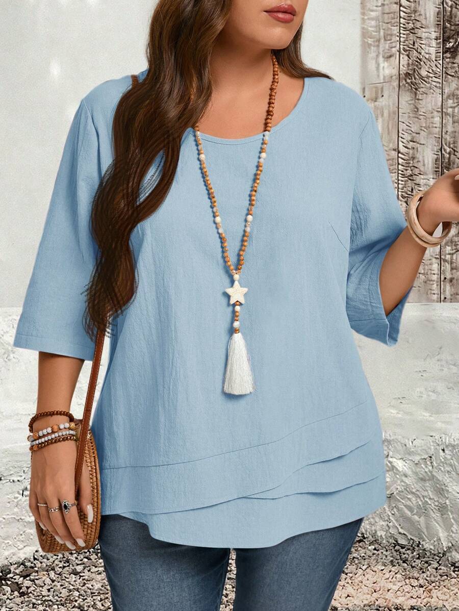 EMERY ROSE Camisas de campo azul claro con bajo asimétrico talla grande ropa de otoño - Celeste - Ver 1