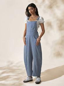 Easelle Women's Casual Blue & White Striped Cropped Jumpsuit, Spring/Summer - Blue and White - View 6