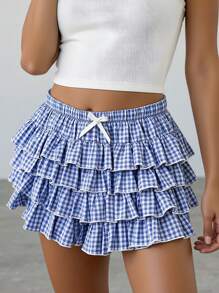 SHEIN Leap Crew Teen Girls Blue Plaid Ruffled Layered Ruched Cute Sweet Shorts - Blue - View 2