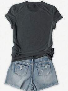 Flirla Woman's Casual English Slogan Print T-Shirt, Summer - Grey - View 2