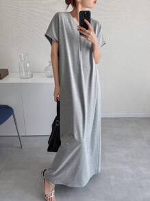 FRIFUL Vestido largo de verano holgado de unicolor con cremallera metálica casual para mujeres, vestido de graduación para damas - Gris Claro - Ver 2