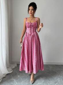 SHEIN Unity Rafferiza 女式浪漫情人节演唱会装度假生日连衣裙休闲连衣裙荷叶边前系带蝴蝶结可爱优雅粉红玫红色不对称水钻条纹印花吊带后背不对称腰部修身A字下摆2025夏季新款长裙 - 粉色 - 查看 3
