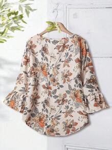 Rusticease 女士节日花卉印花圆领喇叭袖宽松衬衫