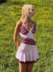 SHEIN EZwear Vestido mini asimétrico de verano con cordón, encaje y contraste de color rosa, mora y rosa para tiempo libre y vacaciones - Rosa - Ver 5