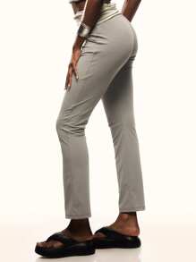 TypaGal Contrast Color Pleated Sporty Casual Skinny Yoga Pants - Grey - View 2