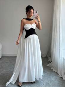 Chiquease Women's Black & White Splice Contrast Color Slim Fit Elegant Sexy Strapless Dress - Black and White - View 6