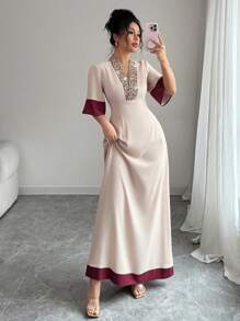 SHEIN PETITE V-Neck Contrast Color Block Sequin Embellished Cinched Waist Long Dress, Elegant And Chic French Style For Summer