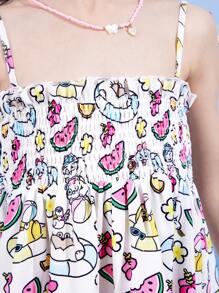 SEALOOK X SHEIN Young Girl Cartoon White Seal, Watermelon & Flower Print Summer Beach Holiday Cami Dress - Multicolor - View 3