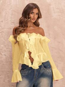 SHEIN BAE 女士纯白色露肩荷叶边长袖不对称系带下摆衬衫，浪漫性感的设计，适合秋冬、春季、度假旅行、情人节、甜蜜浪漫、日常穿着、公主风格、生日、伴娘 - 黃色 - 查看 4