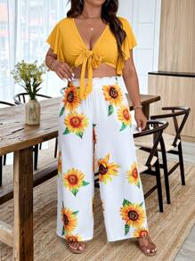 SHEIN Clasi 大码女式休闲度假系带上衣和向日葵印花裤两件套 - 黃色 - 查看 3