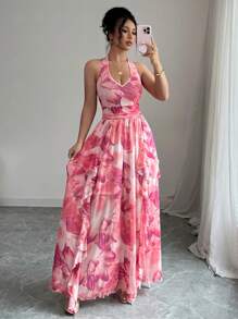 Elenzga Women Floral Print Halter Backless Dress - Multicolor - View 1