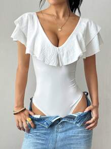 Almamuse Mono de una pieza con volantes de unicolor informal para mujer, para el verano - Blanco - Ver 3