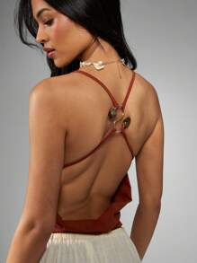 MISSGUIDED Plunging Neckline Bodysuit With Cross Back Design Sleeveless Summer Criss Cross Straps Beachwear Resort Wear One Piece Swimwear Alternative - Chocolate Brown - View 1