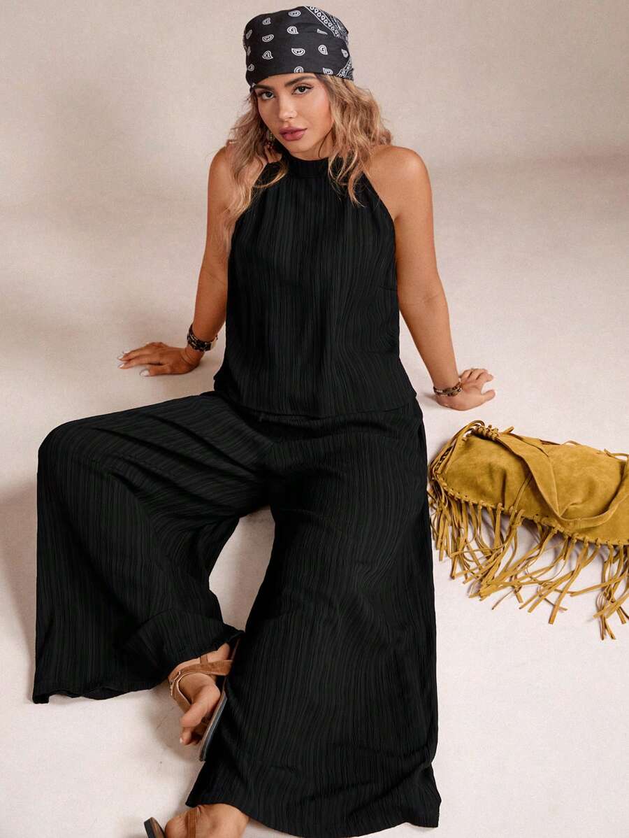 Freevana 大码波西米亚风休闲假日夏季沙滩装 - 露背短款上衣 + 带口袋的宽松阔腿裤，女式两件套，母亲节装束，女士度假装束，狂欢装束，女士加大码西部装束