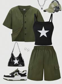 WESTFADE Young Tween Girl's 3 Pieces Set: Short Collar Baseball Jacket, Star Printed Cami Top, Utility Cargo Shorts, Casual Outfit