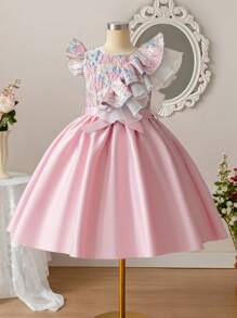 SHEIN Tween Girl Light Pink Delicate Floral Jacquard Splice Elegant Little Princess Summer Wedding Knee Length Dress,Cute Round Neck Ruffle Trim Cap Sleeve - Pink - View 13