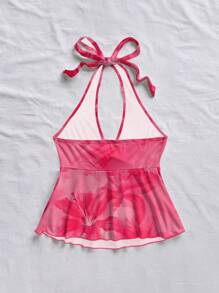 Soleia 女士休闲度假 V 领蝴蝶结露背娃娃装上衣，适合夏季度假 - 粉色 - 查看 2