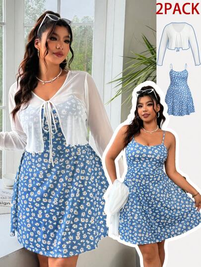 Solflare Plus Size 2pcs Set: White Cardigan & Ditsy Floral Slip Dress