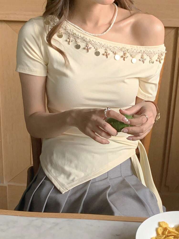 Women's Summer Asymmetric Shoulder Boho Sequin Patchwork Short Sleeve Fitted Asymmetrical Hem Elegant T-Shirt