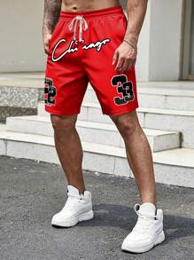 Manfinity Homme Men's Casual Letter Print Drawstring Waist Shorts, Summer - Red - View 1