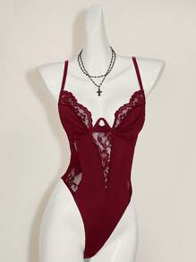 SHEIN ICON Y2K 春季嘉年华蕾丝拼布短款吊带背心上衣高腰露背女式吊带背心 - 酒紅色 - 查看 3