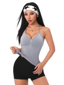 SHEIN Sports 女式纯色褶饰挂脖日常健身运动背心 - 灰色 - 查看 3