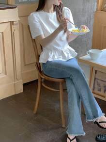 DAZY Camicetta donna con collo rotondo, maniche a palloncino arricciato, stile coreano