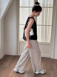DAZY Teen Girl Solid Color Crew Neck Sleeveless Top And Striped Wide Leg Pants 2 Pieces Set,Girls Summer Outfits,Back To School Clothes