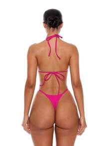 Musera Resort Halterneck "" Beaded Detail Tie Back Bikini Top Only Summer Spring Holiday Vacation Sexy Club Ibiza Beachwear - Hot Pink - View 4