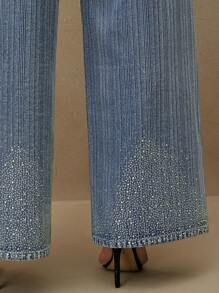 Anewsta Jeans droits amples simples avec ornements de strass, grande taille femme - Bleu azur - Voir 4