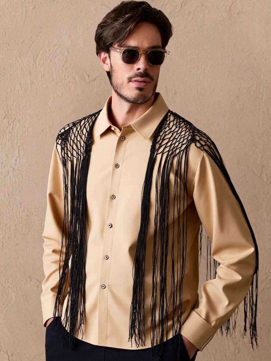 Manfinity VCAY Men's Casual Loose Fit Long Sleeve Woven Shirt For Daily Wear, Fashionable & Youthful