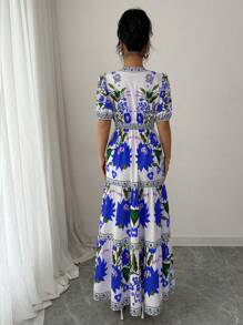 Elenzga Women's Floral Print V-Neck Puff Sleeve Elegant Dress For Resort - Multicolor - View 2