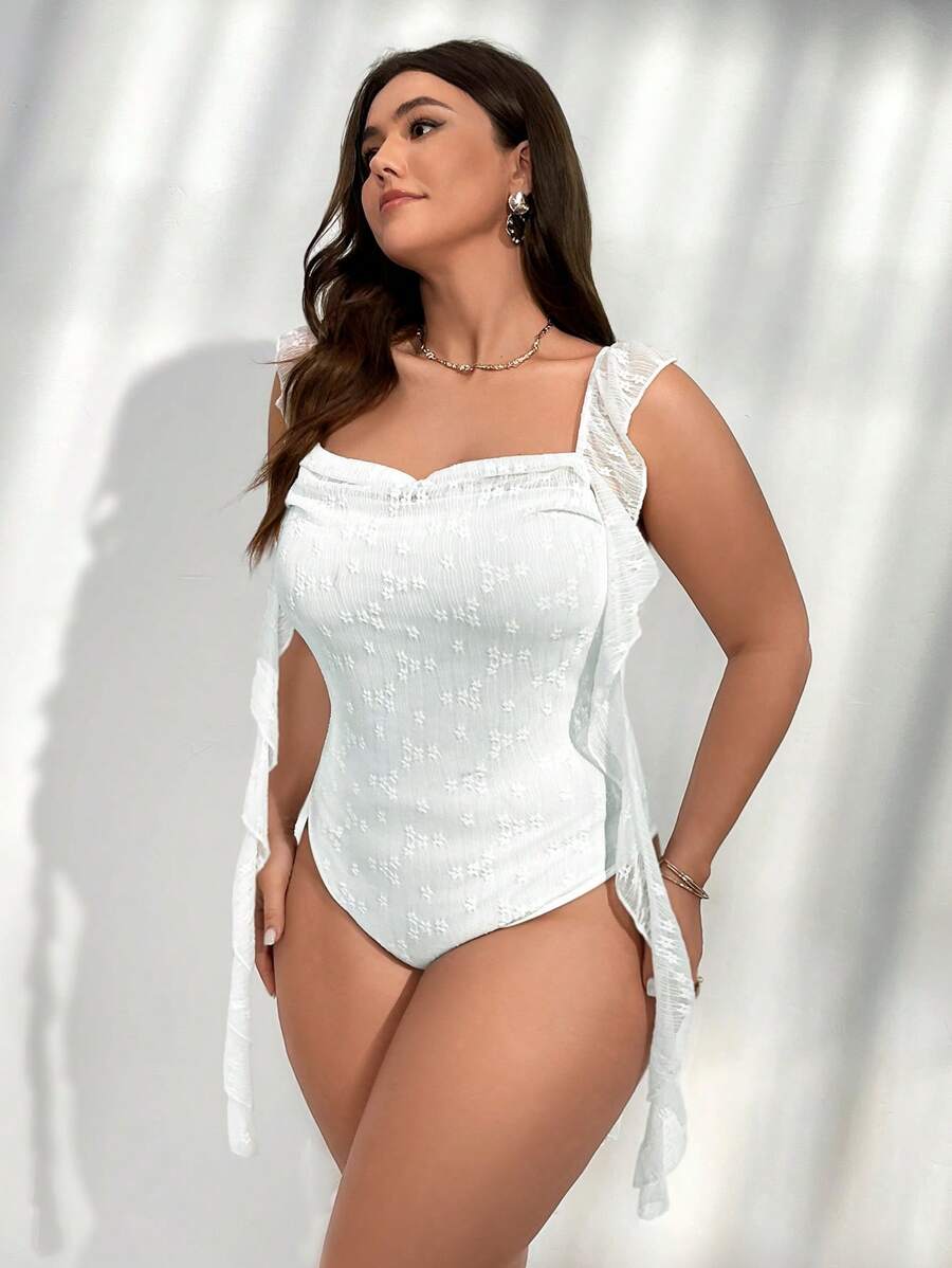 Firerie 大码女式夏季优雅荷叶边系带 Frency Vcay 褶皱白色花卉透明紧身衣，适合派对、度假、音乐节 - 白色 - 查看 1