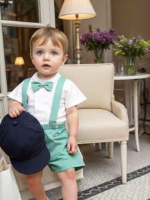 Souflis Souflis 2pcs/Set Toddler Boys Casual Gentleman Solid Color Bowknot Decor Stand Collar Short Sleeve Top & Solid Shorts Set