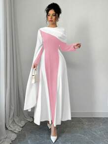 Rafferiza 女士圆领褶皱拼色连衣裙，袖子较大