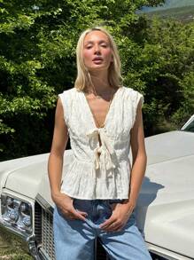SHEIN EZwear Summer Vacation Casual Solid Color Textured Sleeveless Shirt - White - View 6