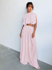 Aloruh Pleated Loose Elastic Waist Wide Leg Pants, Fashionable For Summer - Baby Pink - View 5